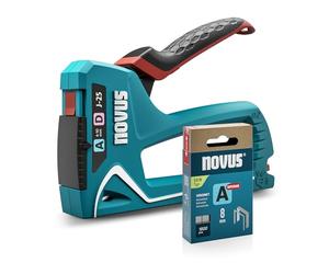 NOVUS TOOLS Set di 1800 graffette a mano J-25 con 1800 graffette. Piccola pinzatrice in metallo 2 in 1 per legno con leva morbida e meccanismo di scarica. Per fermagli a filo fine e a filo piatto da 4