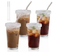 Noxtioanip 4 Pezzi Bicchiere con Cannuccia e Coperchio, Bicchieri a Righe da 380 ml, Bicchieri da Acqua, Tazza da Caffè Ghiacciata, Bubble Tea Tumbler, per Acqua, Soda, Succhi di Frutto, Birra, Caffè