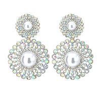 Nozze Arcobaleno Strass Perla Sintetica Cluster Grande Cerchio Fiore Lunga Pendenti Statement Orecchini, Elegante