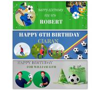 NP-CASER Banner personalizzato di compleanno di calcio personalizzato segno per feste di calcio con nome foto età 1,8 m x 0,6 m decorazione in vinile per ragazzi ragazze adulti sport celebrazione a