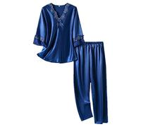 NP Set da Donna in Raso di Seta a Tre Quarter, Manica Nightwear, Deep Blue, Medium