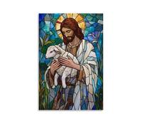 NPEJLCIGH Christian Mural- The Good Shepherd - Decorazione da parete moderna da appendere con Gesù che trasporta un agnello in vetro colorato, stampa artistica da parete, 50 x 75 cm