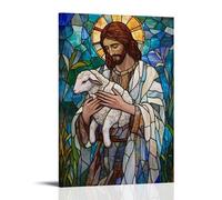 NPEJLCIGH Christian Mural- The Good Shepherd - Decorazione da parete moderna da appendere con Gesù che trasporta un agnello in vetro colorato, stampa artistica da parete, 50 x 75 cm
