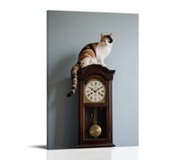 NPEJLCIGH Decorazione da parete moderna da appendere con un gatto Calico sulla parte superiore di un vecchio orologio da nonno, coda drappeggiata sopra il pendolo, mani che puntano a mezzanotte