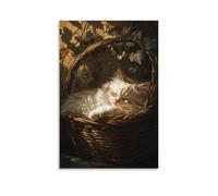 NPEJLCIGH Decorazione da parete moderna da appendere in stile olandese dell'età d'oro di un gatto persiano assonnato in un cesto di vimini, ombra screziata di foglie di vite, stampa artistica da
