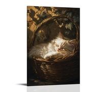 NPEJLCIGH Decorazione da parete moderna da appendere in stile olandese dell'età d'oro di un gatto persiano assonnato in un cesto di vimini, ombra screziata di foglie di vite, stampa artistica da