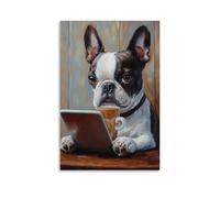NPEJLCIGH Dipinto a olio con animali di un cane che sorseggia caffè caramello mentre sfoglia gli annunci delle vacanze su un tablet. Decorazione da parete moderna da appendere - Stampa artistica