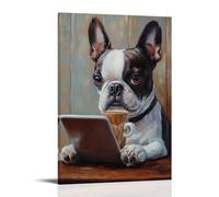 NPEJLCIGH Dipinto a olio con animali di un cane che sorseggia caffè caramello mentre sfoglia gli annunci delle vacanze su un tablet. Decorazione da parete moderna da appendere - Stampa artistica