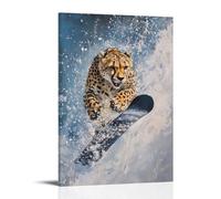 NPEJLCIGH Dipinto ad olio con animale, ghepardo che fa snowboard con sfocatura veloce, movimento congelato su un campo d'argento nitido, decorazione da parete moderna da appendere, stampa artistica da