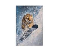 NPEJLCIGH Dipinto ad olio con animale, ghepardo che fa snowboard con sfocatura veloce, movimento congelato su un campo d'argento nitido, decorazione da parete moderna da appendere, stampa artistica da