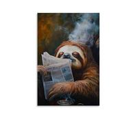 NPEJLCIGH Dipinto ad olio con animali di un bradipo sonnecchiante con un giornale non letto drappeggiato sul viso, vapore che sale dal caffè nelle vicinanze. Decorazione da parete moderna da appendere
