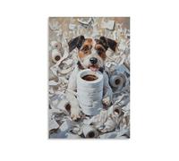 NPEJLCIGH Dipinto ad olio con animali di un cane aggrovigliato in rotoli di carta igienica mentre sorseggia caffè come se nulla accadesse. Decorazione da parete moderna da appendere, stampa artistica