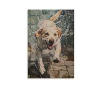 NPEJLCIGH Dipinto ad olio con animali di un cane che insegue sapone in fuga su piastrelle bagnate del bagno - Decorazione da parete moderna da appendere - Stampa artistica murale 40 x 60 cm