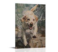 NPEJLCIGH Dipinto ad olio con animali di un cane che insegue sapone in fuga sulle piastrelle bagnate del bagno - Decorazione da parete moderna da appendere - Stampa artistica murale 50 x 75 cm