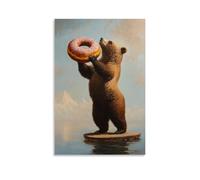 NPEJLCIGH Dipinto ad olio con animali di un orso che butta una ciambella gigante nel caffè stando in piedi su una gamba, atto di bilanciamento medio, decorazione da parete moderna, stampa artistica da