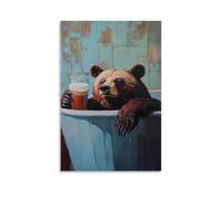 NPEJLCIGH Dipinto ad olio con animali di un orso che galleggia pacificamente in una vasca, sorseggiando caffè espresso con gli occhi chiusi. Decorazione da parete moderna da appendere, stampa