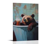 NPEJLCIGH Dipinto ad olio con animali di un orso che galleggia pacificamente in una vasca, sorseggiando caffè espresso con gli occhi chiusi. Decorazione da parete moderna da appendere, stampa