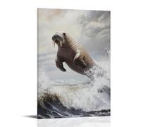 NPEJLCIGH Dipinto ad olio con animali di un tricheco che salta a metà da un'onda artica sotto sfondo bianco nuvoloso decorazione da parete moderna da appendere - Stampa artistica murale 50 x 75 cm