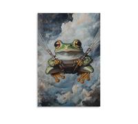 NPEJLCIGH Dipinto ad olio con animali di una rana che indossa un aliante con imbracatura che vola attraverso nuvole tropicali tempesta. Decorazione da parete moderna da appendere, stampa artistica