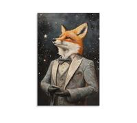 NPEJLCIGH Dipinto ad olio con animali di una volpe che dà un discorso carismatico mentre indossa uno smoking grigio argento sotto le stelle. Decorazione da parete moderna da appendere, stampa