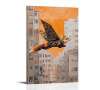 NPEJLCIGH Dipinto ad olio con animali di una volpe che scivola tra edifici in tuta alare mimetica, sfondo minimalista color arancio crepuscolo. Decorazione da parete moderna da appendere, stampa