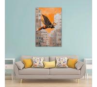 NPEJLCIGH Dipinto ad olio con animali di una volpe che scivola tra edifici in tuta alare mimetica, sfondo minimalista color arancio crepuscolo. Decorazione da parete moderna da appendere, stampa