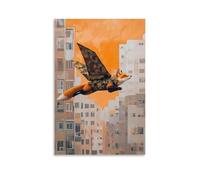 NPEJLCIGH Dipinto ad olio con animali di una volpe che scivola tra edifici in tuta alare mimetica, sfondo minimalista color crepuscolo-arancio. Decorazione da parete moderna da appendere, stampa
