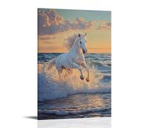 NPEJLCIGH Dipinto ad olio con animali, grazioso stallone bianco al galoppo attraverso le onde dell'oceano con riflessi di luce solare, decorazione moderna da appendere alla parete, stampa artistica