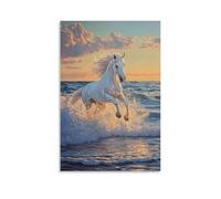 NPEJLCIGH Dipinto ad olio con animali, grazioso stallone bianco al galoppo attraverso le onde dell'oceano con riflessi di luce solare, decorazione moderna da appendere alla parete, stampa artistica