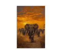 NPEJLCIGH Dipinto ad olio con animali, mandria di elefanti regali che attraversano le pianure africane polverose all'ora d'oro, decorazione moderna da appendere alla parete, stampa artistica da parete