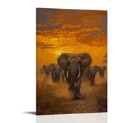 NPEJLCIGH Dipinto ad olio con animali, mandria di elefanti regali che attraversano le pianure africane polverose all'ora d'oro, decorazione moderna da appendere alla parete, stampa artistica murale