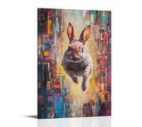 NPEJLCIGH Dipinto ad olio con animali: un coniglio che sfreccia attraverso un percorso di parkour, saltando oltre gli ostacoli urbani. Decorazione da parete moderna da appendere, stampa artistica da