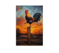 NPEJLCIGH Dipinto ad olio con animali: un palo di gallo che volta su una recinzione del cortile sotto un tramonto drammatico, decorazione da parete moderna da appendere - Stampa artistica murale 40 x