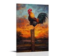 NPEJLCIGH Dipinto ad olio con animali: un palo di gallo che volta su una recinzione del cortile sotto un tramonto drammatico, decorazione da parete moderna da appendere - Stampa artistica murale 40 x