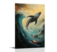 NPEJLCIGH Dipinto ad olio con animali - Una balena che naviga su un'onda di tsunami con barche che passano sotto il sotto, decorazione da parete moderna da appendere, stampa artistica da parete, 50 x