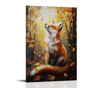 NPEJLCIGH Dipinto ad olio con animali - Volpe rossa giocosa nella foresta autunnale con foglie autunnali vibranti e luce solare screziata, decorazione moderna da appendere alla parete, stampa