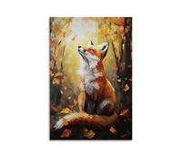 NPEJLCIGH Dipinto ad olio con animali - Volpe rossa giocosa nella foresta autunnale con foglie autunnali vibranti e luce solare screziata, decorazione moderna da appendere alla parete, stampa