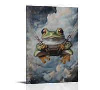 NPEJLCIGH Dipinto ad olio con rana che indossa un aliante con imbracatura che vola attraverso nuvole tropicali tempeste, decorazione da parete moderna, stampa artistica murale, 30 x 45 cm