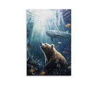 NPEJLCIGH Dipinto ad olio con un orso in apnea accanto agli squali balena in una barriera corallina tropicale. Decorazione da parete moderna da appendere, stampa artistica da parete, 20 x 30 cm