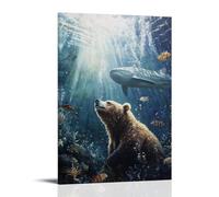 NPEJLCIGH Dipinto ad olio con un orso in apnea accanto agli squali balena in una barriera corallina tropicale. Decorazione da parete moderna da appendere, stampa artistica da parete, 30 x 45 cm