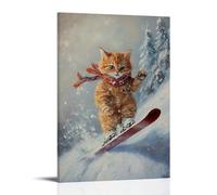 NPEJLCIGH Dipinto ad olio di un gatto che scia in discesa con stile con sciarpa che soffia sul morbido grigio invernale. Decorazione da parete moderna da appendere, stampa artistica da parete, 20 x 30