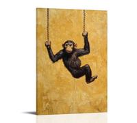 NPEJLCIGH Dipinto ad olio di una scimmia che oscilla tra le sbarre su uno sfondo giallo sabbia piatta moderna da appendere alla parete - Stampa artistica murale 60 x 90 cm