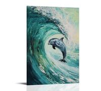 NPEJLCIGH Pittura a olio con animale di un delfino che fa un rotolo di botte all'interno di un'onda verde vetrosa su sfondo minimalista color acqua. Decorazione da parete moderna da appendere, stampa