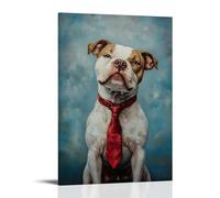 NPEJLCIGH Pittura a olio con animali di un cane che lega una cravatta rossa con un tocco drammatico, incorniciato su un morbido sfondo blu fumo. Decorazione da parete moderna da appendere - Stampa