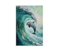 NPEJLCIGH Pittura a olio con animali di un delfino che fa un rotolo di botte all'interno di un'onda verde vitrea su sfondo minimalista color acqua. Decorazione da parete moderna da appendere, stampa