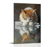 NPEJLCIGH Pittura a olio con animali di un gatto che aggroviglia la coda in asciugamani di carta mentre controlla drammaticamente il suo riflesso. Decorazione da parete moderna da appendere, stampa