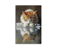 NPEJLCIGH Pittura a olio con animali di un gatto che aggroviglia la coda in asciugamani di carta mentre controlla drammaticamente il suo riflesso. Decorazione da parete moderna da appendere, stampa