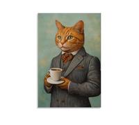 NPEJLCIGH Pittura a olio con animali di un gatto che sorseggia un espresso mentre abbottona un blazer grigio affilato, in posa su uno sfondo morbido di menta. Decorazione da parete moderna da