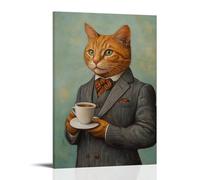 NPEJLCIGH Pittura a olio con animali di un gatto che sorseggia un espresso mentre abbottona un blazer grigio affilato, in posa su uno sfondo morbido di menta. Decorazione da parete moderna da