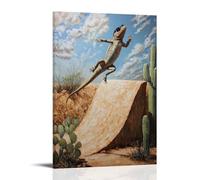 NPEJLCIGH Pittura a olio con animali di una lucertola con occhiali da sole che fa un trucco su una rampa nel deserto con cactus intorno. Decorazione da parete moderna da appendere - Stampa artistica